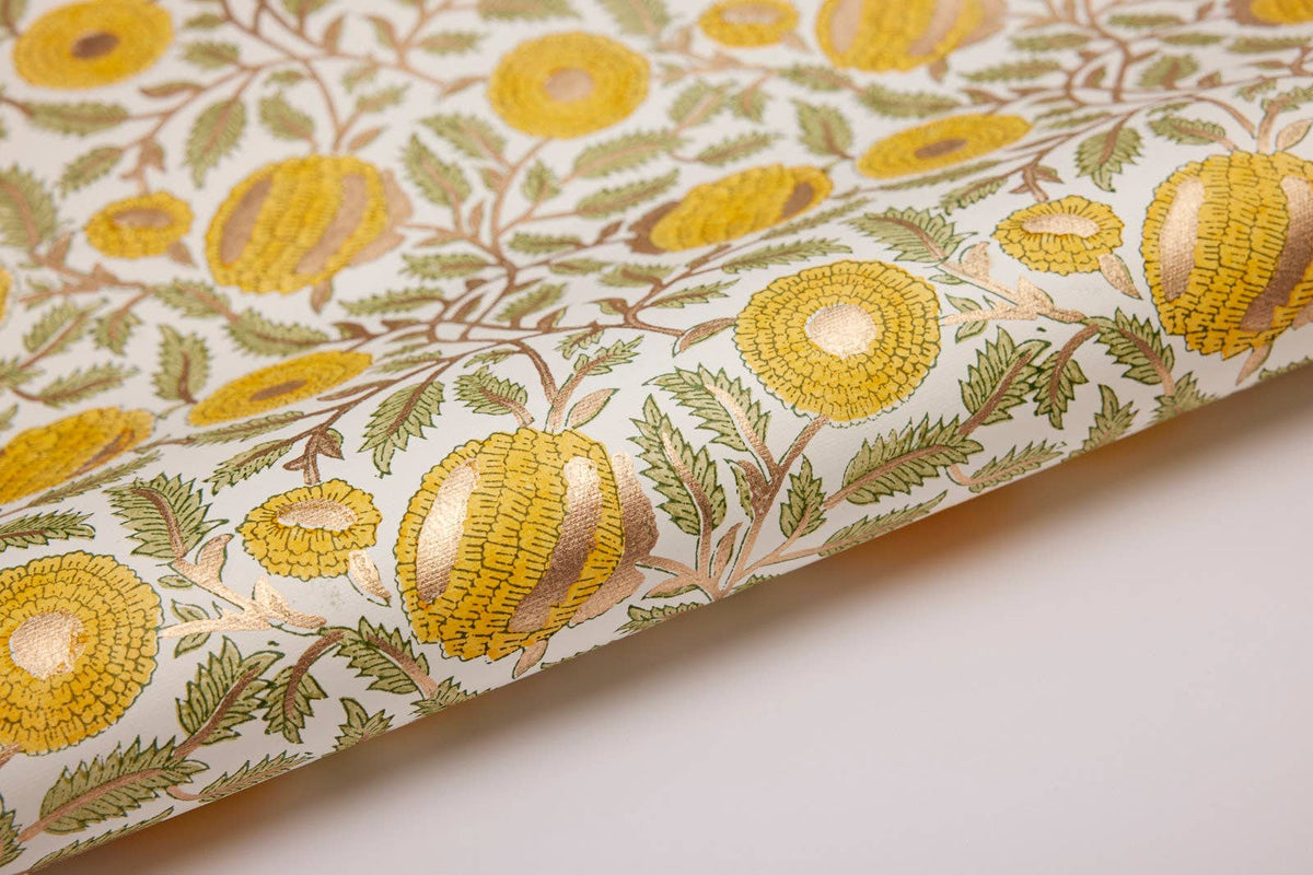 Block Printed Wrapping Paper Sheets - Marigold Glitz Sunshine