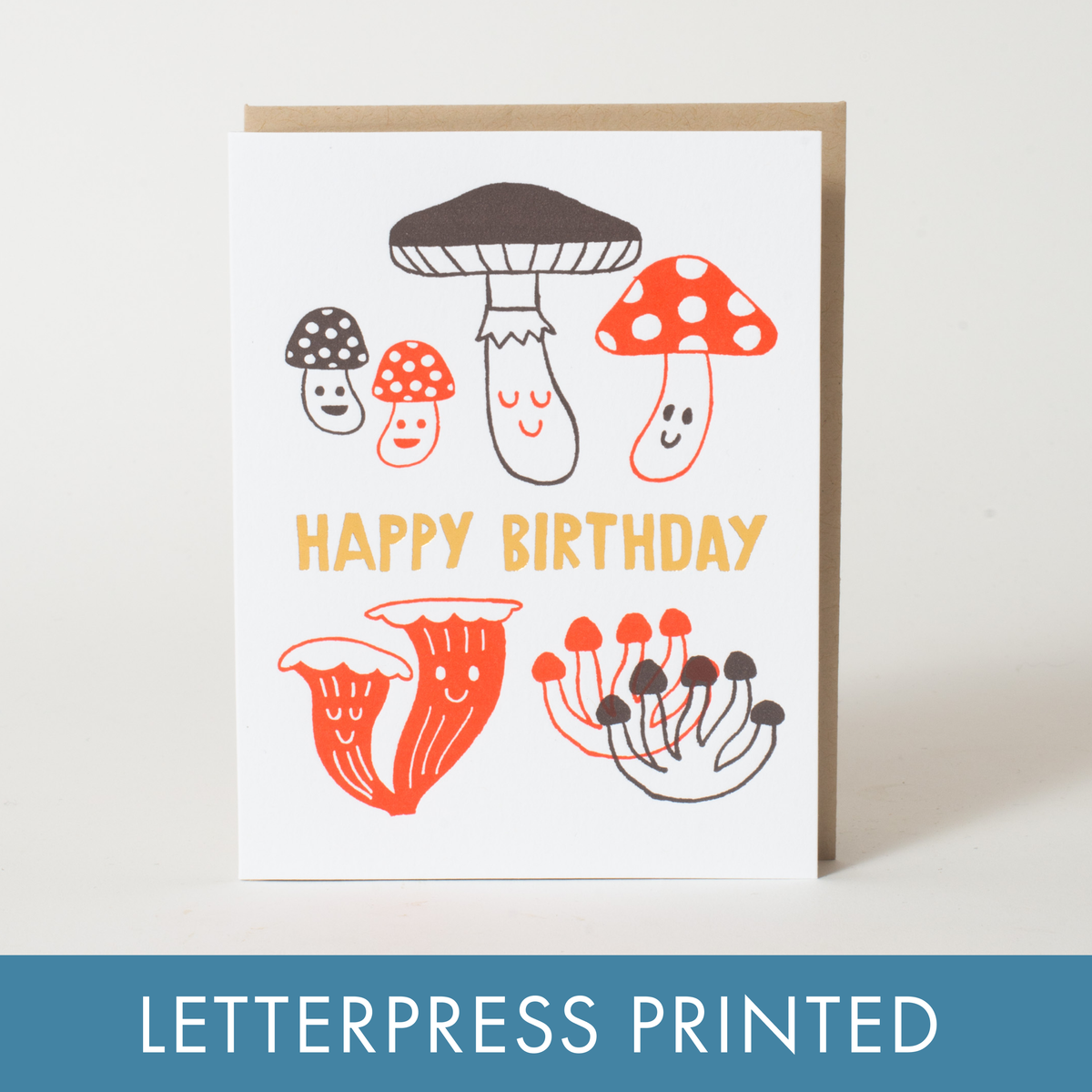 Birthday Mushrooms Letterpress Greeting Card by Fugu Fugu: Paper tab