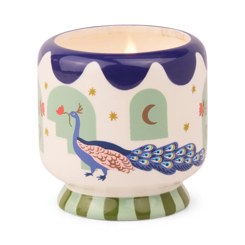 A Dopo 8 oz Handpainted "Peacock" Candle - Misted Lime