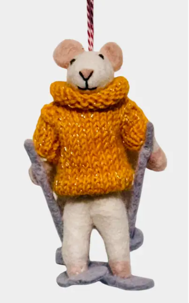 Yellow Sweater Ski Mouse Felt Ornament