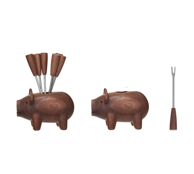 Wooden Pig Shaped Holder w/ 6 Appetizer Forks