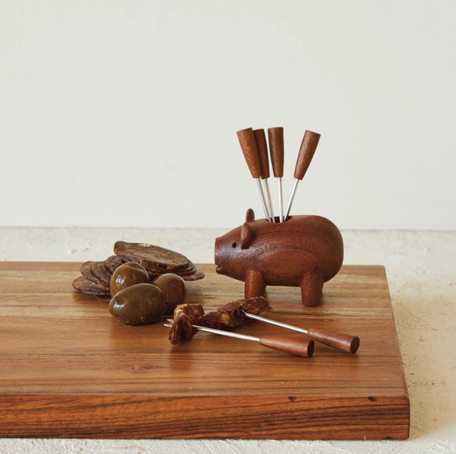 Wooden Pig Shaped Holder w/ 6 Appetizer Forks