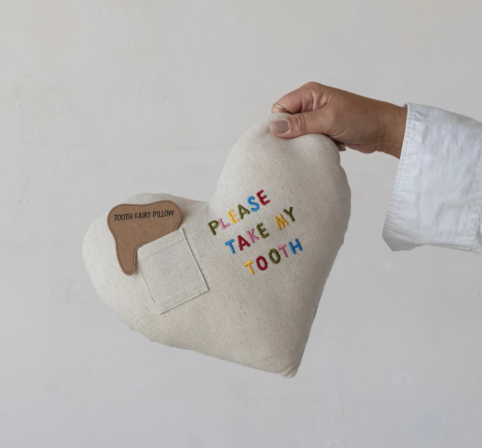 Cotton & Linen Tooth Fairy Pillow with Pocket & Embroidery "Please Take My Tooth"
