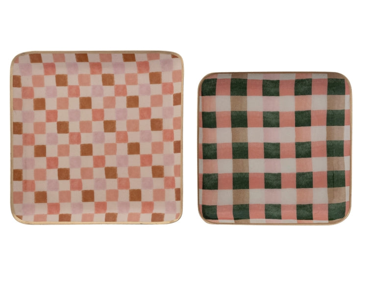 Enameled Metal Trays with checkered & Plaid Patterns & Gold Edges, 2 Styles