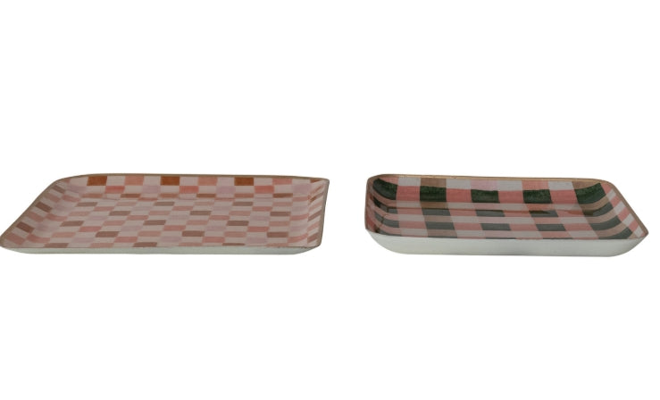 Enameled Metal Trays with checkered & Plaid Patterns & Gold Edges, 2 Styles