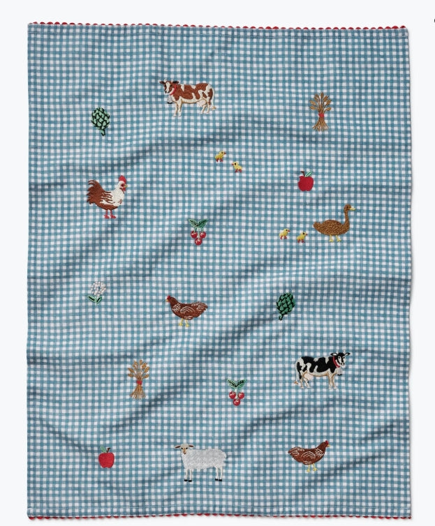 Country Farm Gingham Embroidered Tea Towel