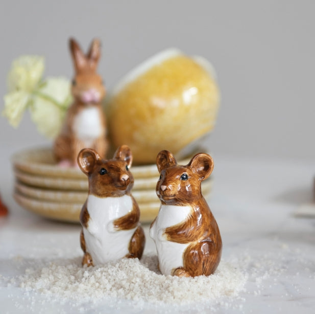 Hand-Painted Stoneware Mouse Salt & Pepper Shakers, Set of 2