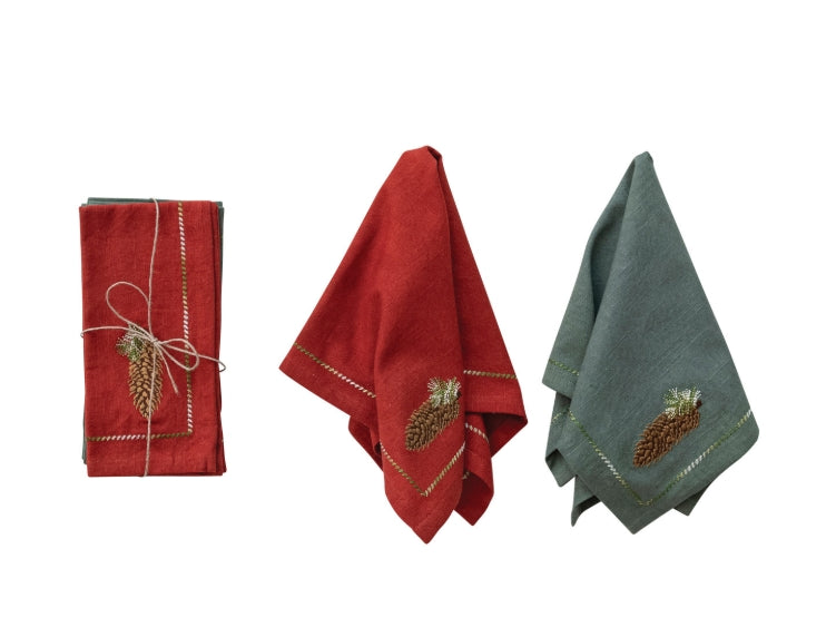 Cotton Napkins with Embroidered Pinecone, Set of 4 Tied with Jute