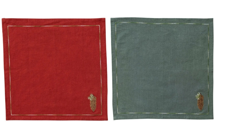 Cotton Napkins with Embroidered Pinecone, Set of 4 Tied with Jute