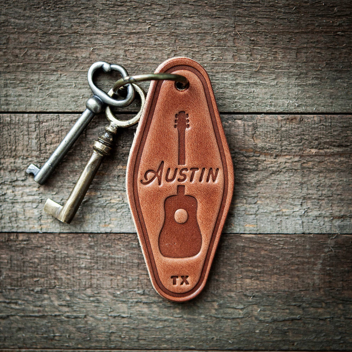 Austin Texas Guitar Leather Keychain Motel Style