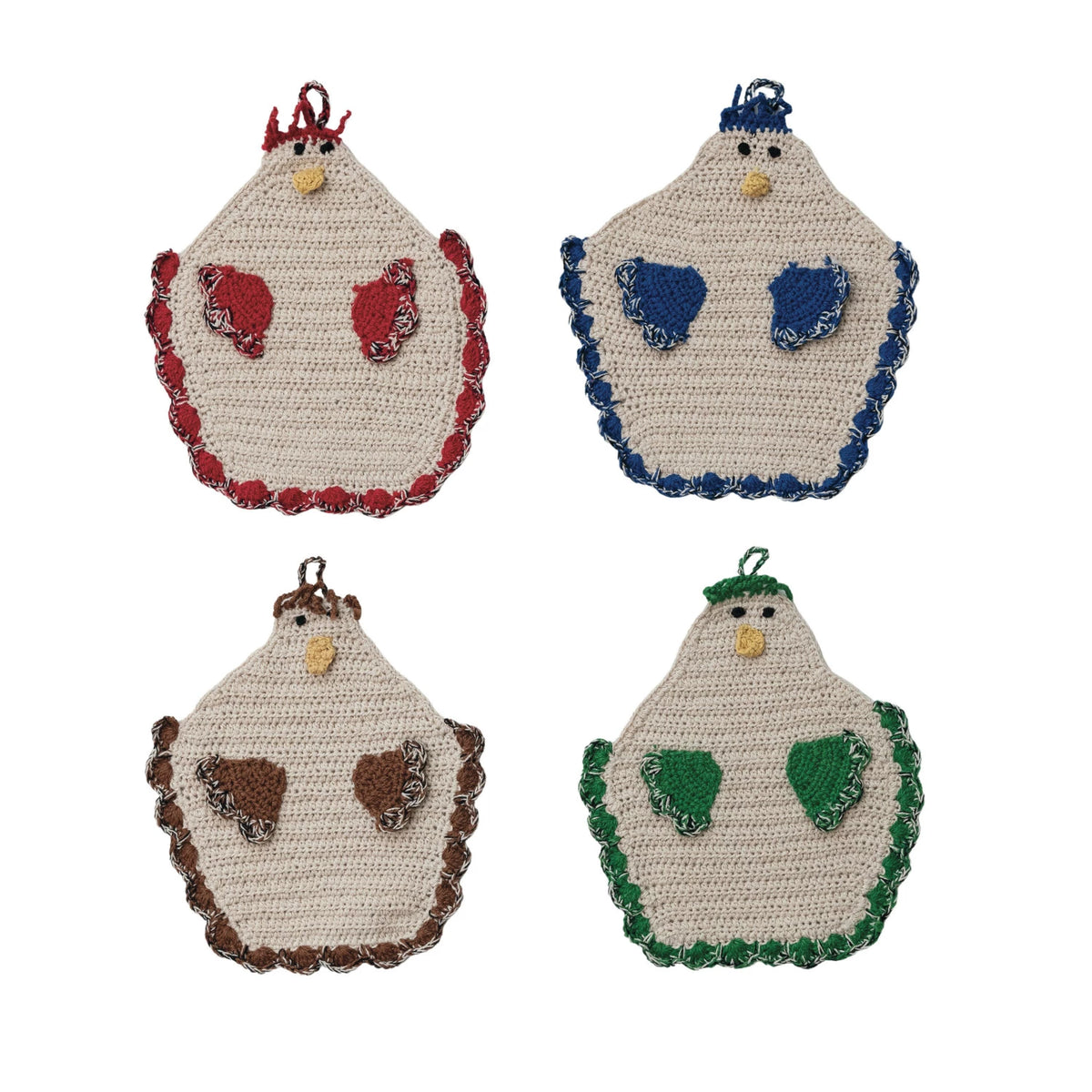 Cotton Crocheted Chicken Potholder w/ Loop, 4 Colors