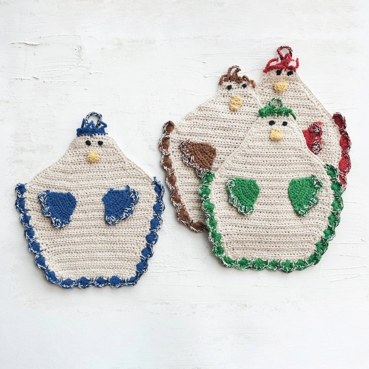 Cotton Crocheted Chicken Potholder w/ Loop, 4 Colors