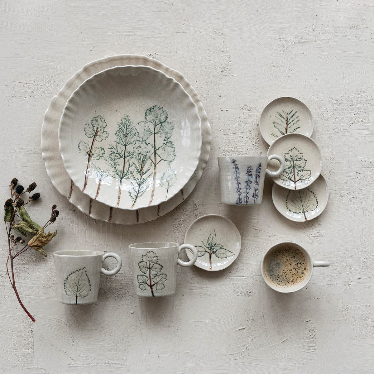 Hand-Painted Botanical Stoneware Dish, 4 styles (Each One Will Vary)