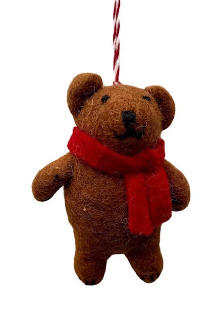 Brown bear with red scarf -Felt Oranment