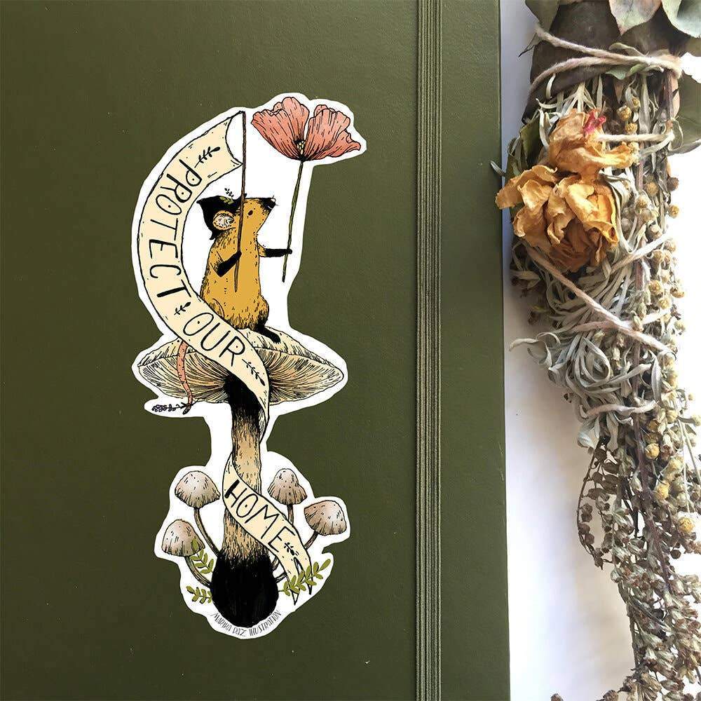 Mouse on a toadstool with flower and flag saying Protect Our Home Text Sticker - Austin Gift Shop