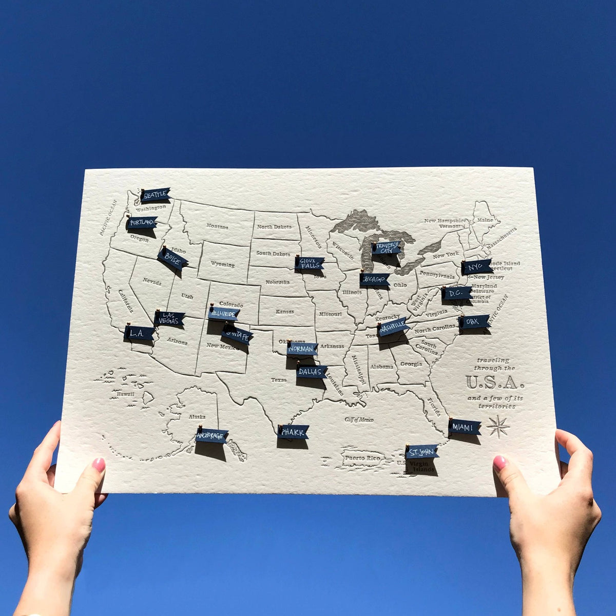 board with the USA Letterpressed and flags to pin on of where you've traveled - Austin Gift Shop 