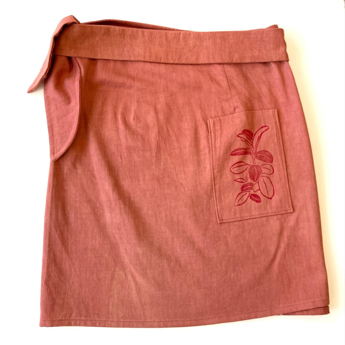 Red hand dyed utilitarian Wrap Skirt with brown block printed pattern - back - Austin Gift Shop