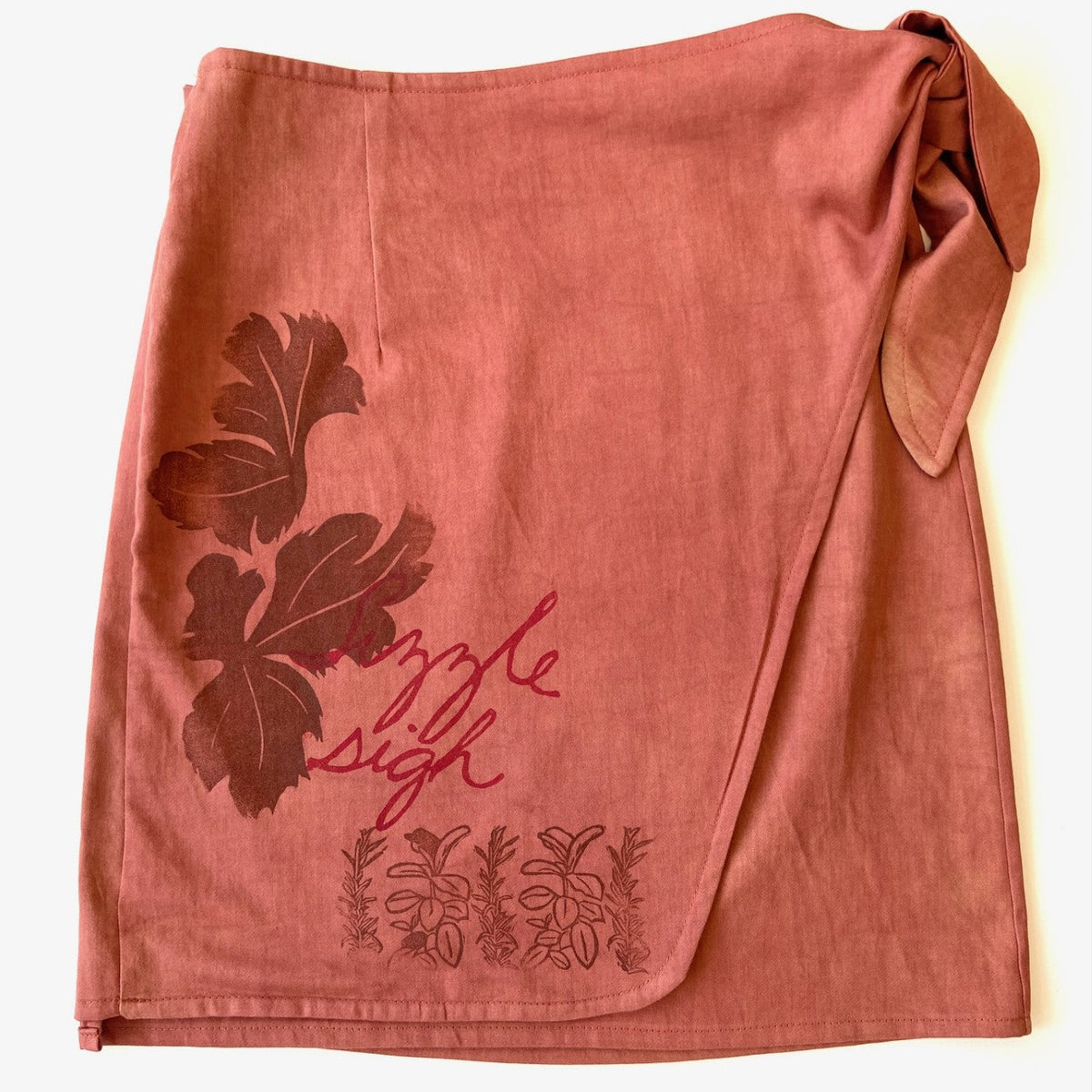Red hand dyed utilitarian Wrap Skirt with brown block printed pattern - Austin Gift Shop