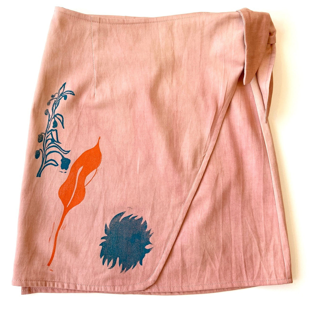 Pink hand dyed utilitarian Wrap Skirt with orange and blue block printed pattern - Austin Gift Shop