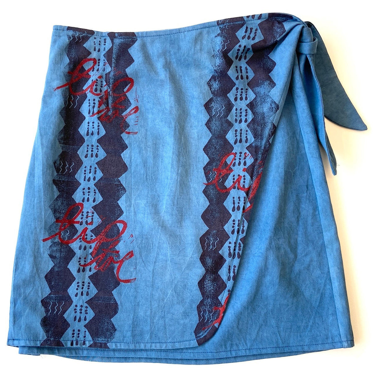 Blue hand dyed utilitarian Wrap Skirt with black and red block printed pattern - Austin Gift Shop