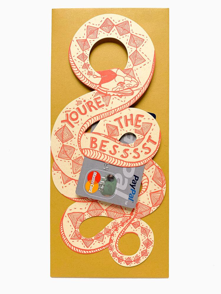 Red and yellow Letterpress card snake with you’re the bessst text -alt view- Austin Gift Shop
